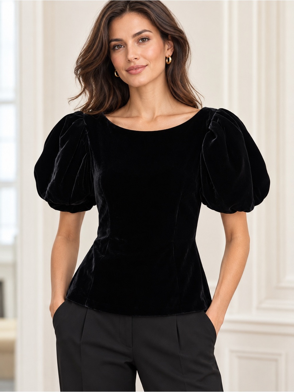 Ralph Lauren Black Label NWT Black Velvet Puff Sleeve Top originally $598